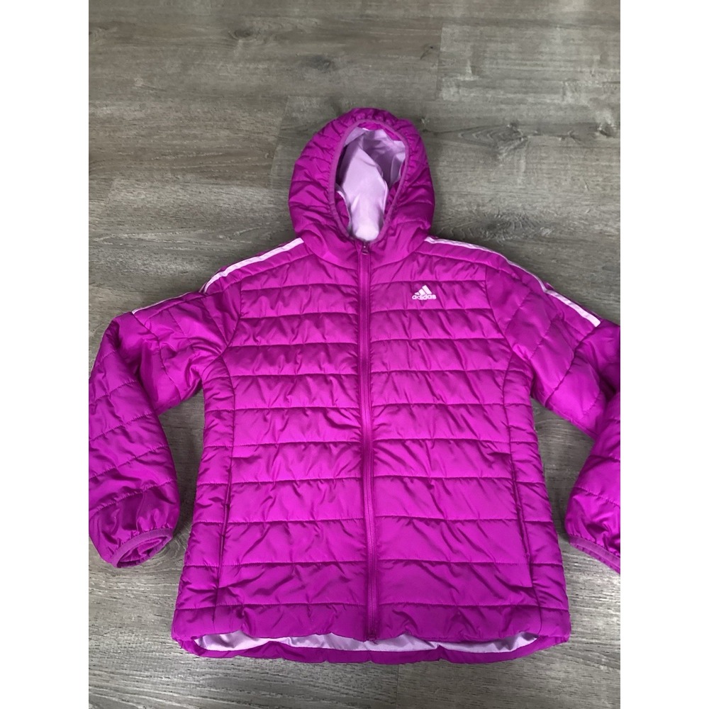 Adidas Puffer Jacket Girls Size L 14 Hooded Quilted Insulated Coat Purple Coat